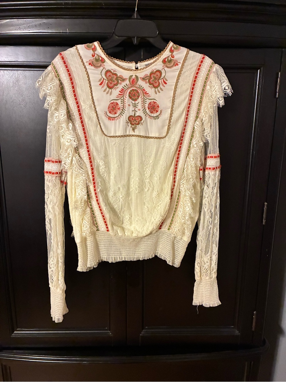Ivory Lace Embroidered Long-Sleeve Blouse with Coral Accents